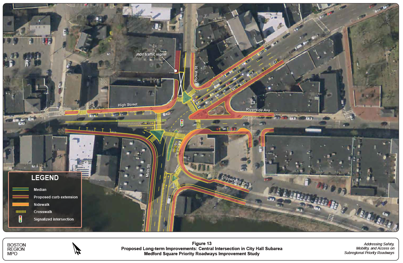 Figure 13. Proposed Long-term Improvements: Central Intersection in City Hall Subarea
This figure shows a conceptual drawing of the proposed long-term improvements (design alternative 1) at the central intersection.
